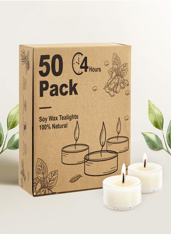 Hypmis Unscented Soy Tea Lights Candles 50 Pack Bulk, 4 Hours Long Burning White Tea Lights,Non-Paraffin, Smokeless, Mini Tealight Votive Candles for Wedding, Table Centerpiece, Christmas Lights - Image 1